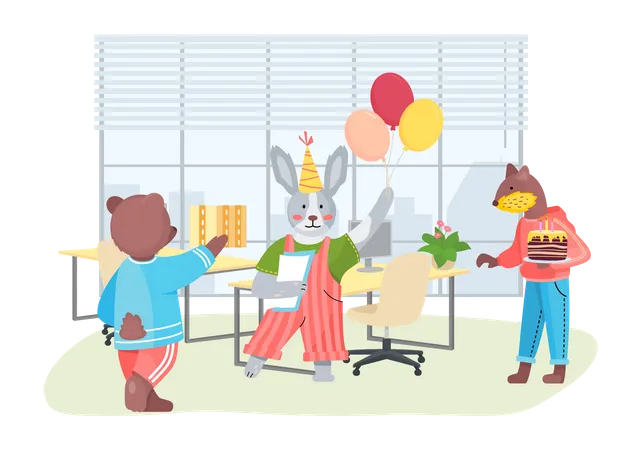 Happy Birthday Party At Home With Friends Company Of Cartoon Animals Celebrates Holidy With Cake And Gifts In Office Congratulations To Friend Fun Birthday Decorations Balloons And Festive Cake Illustration