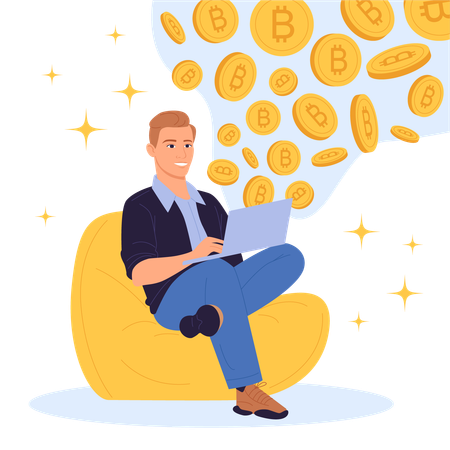 Happy bitcoin investor with cryptocurrency explosion  Illustration