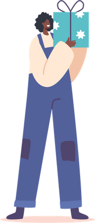 Happy Black Female With Christmas Present Illustration