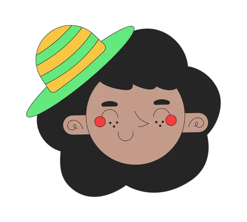 Happy Black Girl With Hat 2 D Linear Vector Avatar Illustration African American Female Wavy Hair Cartoon Character Face Cute Smiling Portrait Funky Woman Flat Color User Profile Image Isolated Illustration
