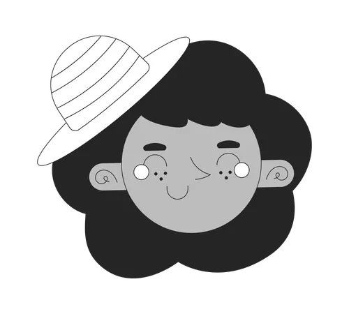 Happy Black Girl With Hat Black And White 2 D Vector Avatar Illustration African American Female Wavy Hair Outline Cartoon Character Face Isolated Cute Smiling Funky Flat User Profile Image Portrait Illustration