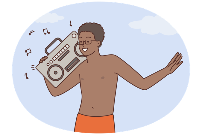 Happy black man enjoy music on stereo  Illustration