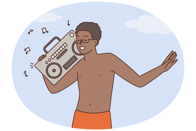Happy black man enjoy music on stereo  Illustration