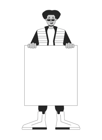 Happy Black Man With Empty Blank Flat Line Black White Vector Character Peaceful Protest March Editable Outline Full Body Person Simple Cartoon Isolated Spot Illustration For Web Graphic Design Illustration
