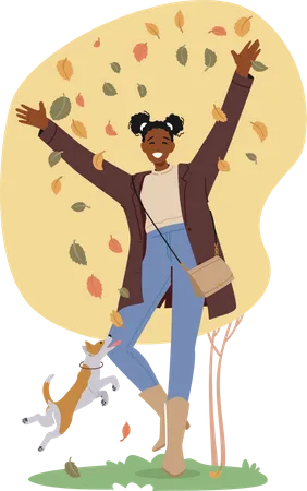 Happy Black Teen Girl Spend Time with Pet Outdoors at Autumn Weather  Illustration