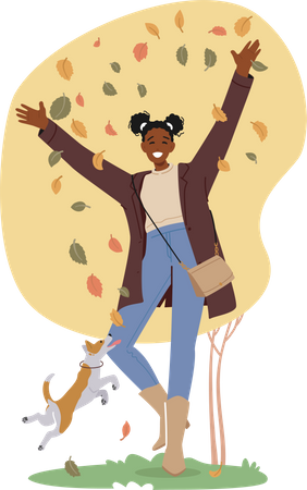Happy Black Teen Girl Spend Time with Pet Outdoors at Autumn Weather  Illustration