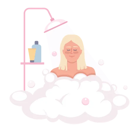 Happy blond woman bathing with shower gel bubbles  Illustration