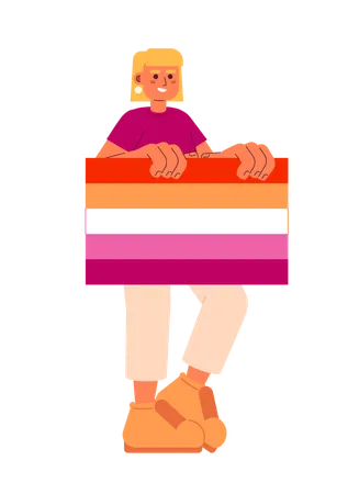 Happy Blonde Woman Holds Lesbian Pride Flag Semi Flat Color Vector Character LGBT Community Editable Full Body Lesbian Woman On White Simple Cartoon Spot Illustration For Web Graphic Design Illustration
