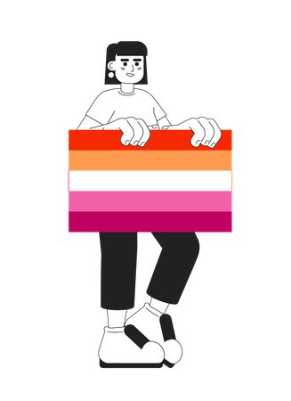 Happy blonde woman holds lesbian pride flag  Illustration