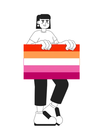 Happy blonde woman holds lesbian pride flag  Illustration