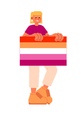 Happy blonde woman holds lesbian pride flag  Illustration