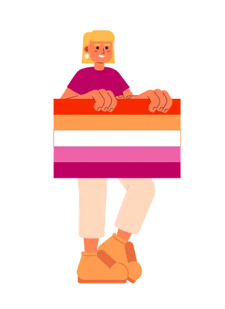 Happy blonde woman holds lesbian pride flag  Illustration