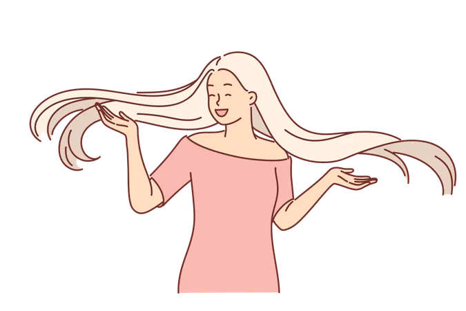 Happy Blonde Woman With Long Hair Shows New Hairstyle And Rejoices In Shine And Splendor Of Hairdo Obtained Thanks To Quality Shampoo Girl In Dress Demonstrates Stylish Hairstyle And Laughs Illustration