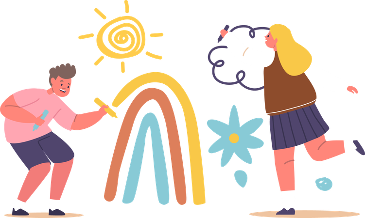 Happy Boy And Girl Drawing Sun  Illustration
