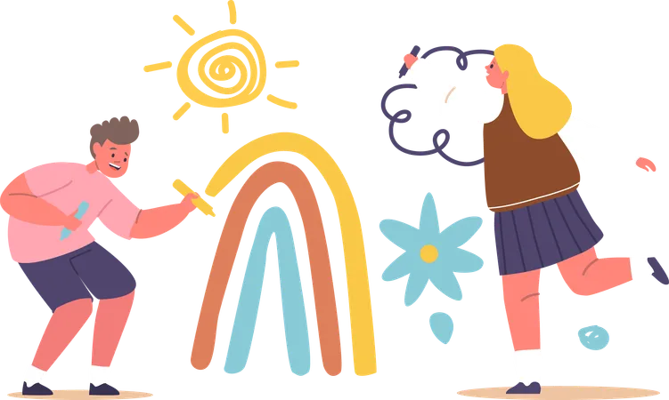 Happy Boy And Girl Drawing Sun  Illustration