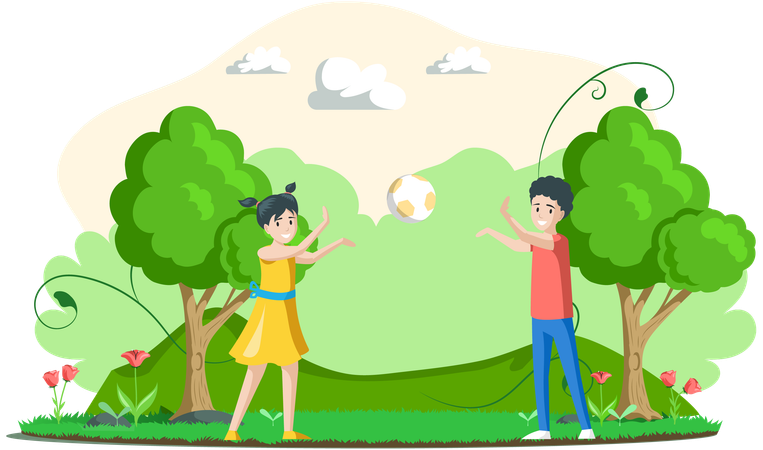 Happy boy and girl smiling friends playing ball in city park  Illustration
