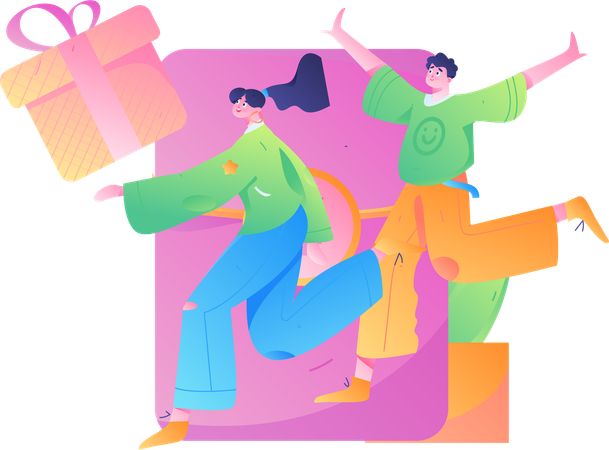 Happy boy and Girl with gift angpow  Illustration