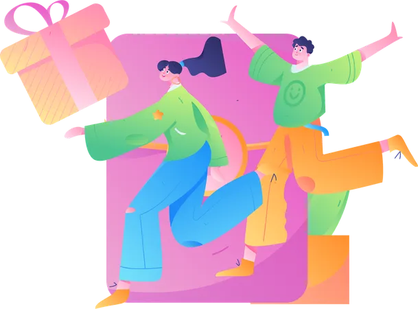 Happy boy and Girl with gift angpow  Illustration