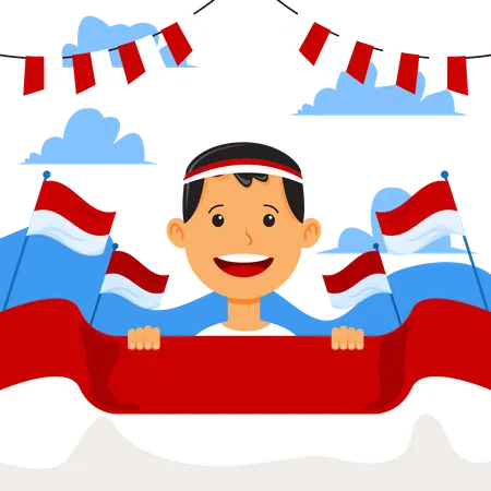 Happy boy celebrating Indonesia independence day by spreading flag  イラスト