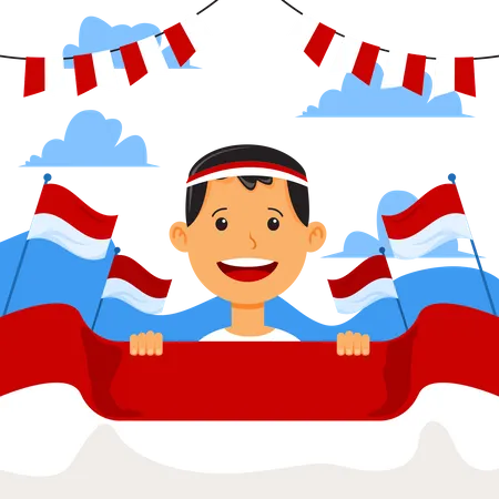 Happy boy celebrating Indonesia independence day by spreading flag  Illustration