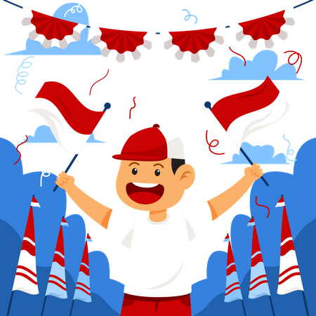 Happy boy celebrating Indonesia independence day by waving flag  Illustration