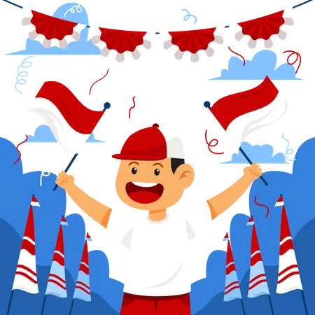 Happy boy celebrating Indonesia independence day by waving flag  イラスト
