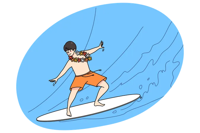 Happy boy child surfing on summer holidays  Illustration