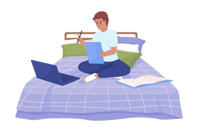 Happy boy doing assignment comfortably in bed Illustration