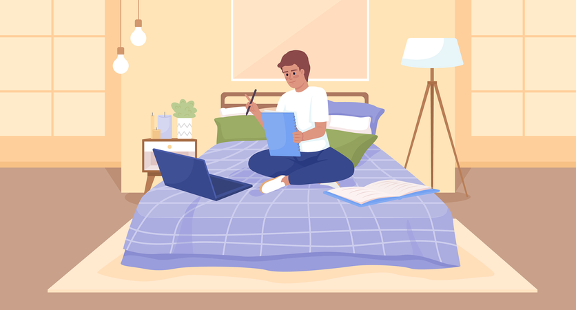 Happy boy doing assignment comfortably in bed Illustration