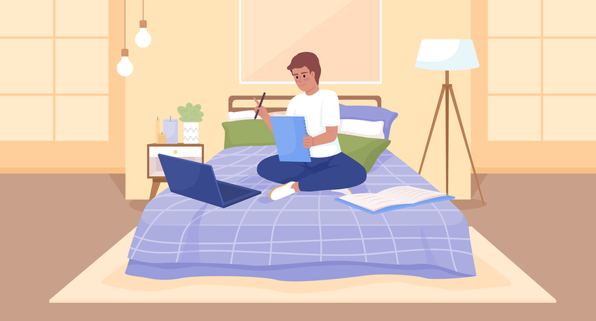 Happy boy doing assignment comfortably in bed  Illustration