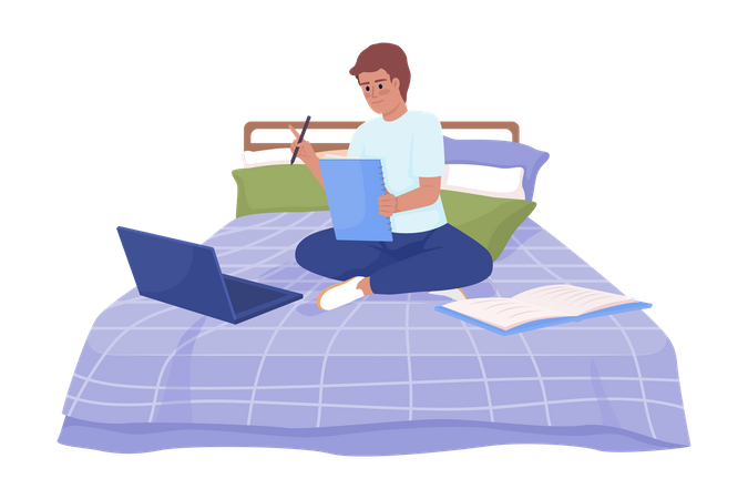 Happy boy doing assignment comfortably in bed  Illustration