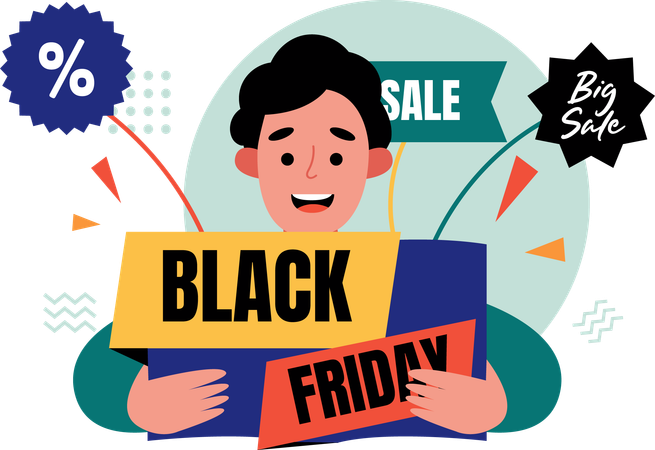 Happy boy doing black friday shopping  Illustration