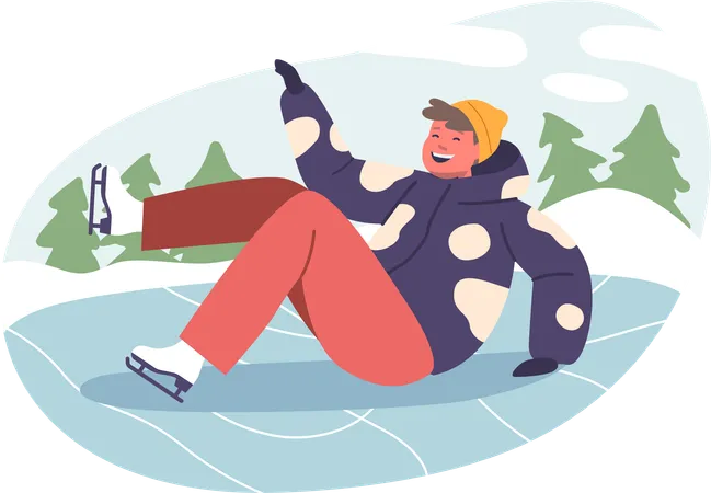 Happy boy falling down on ice rink  Illustration