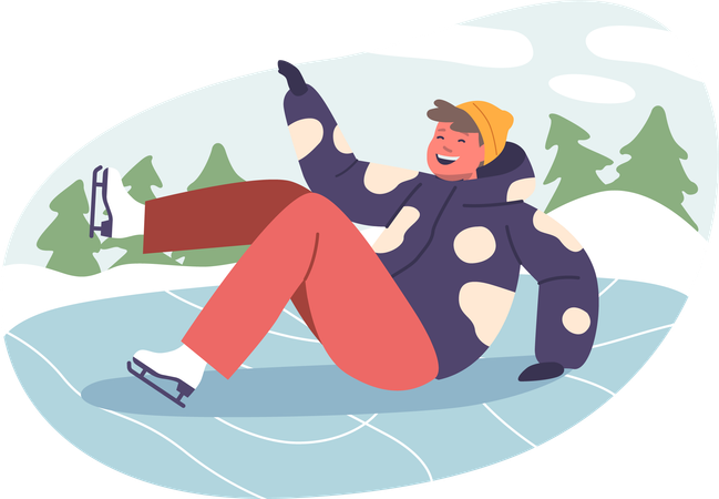 Happy boy falling down on ice rink  Illustration