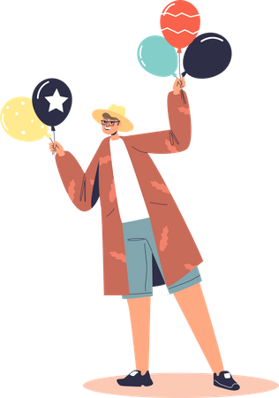Happy boy holding bunch of air balloon Illustration