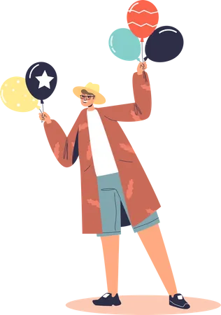 Happy boy holding bunch of air balloon Illustration