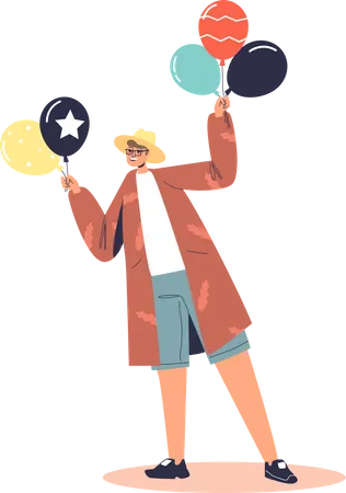 Happy boy holding bunch of air balloon  Illustration