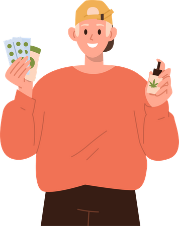 Happy boy holding cannabis medication and cbd oil  Illustration