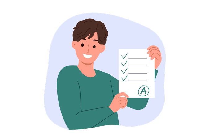 Happy boy holding marksheet  Illustration