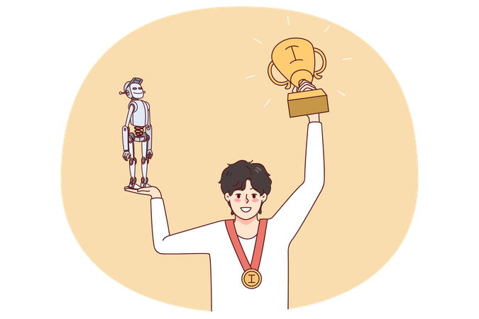 ロボットと賞状を手に持った嬉しそうな少年  イラスト
