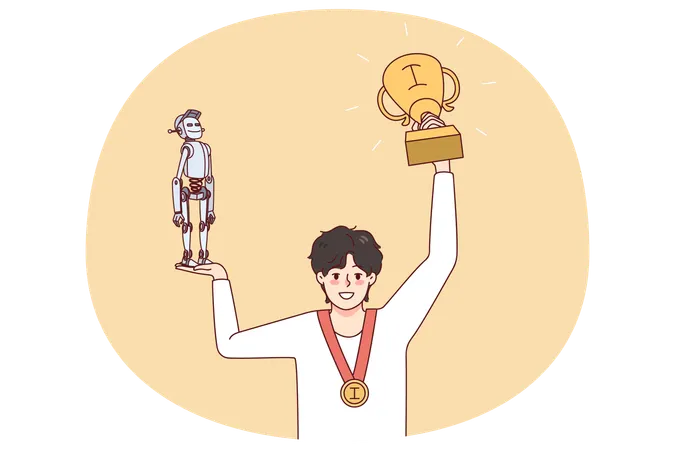 ロボットと賞状を手に持った嬉しそうな少年  イラスト