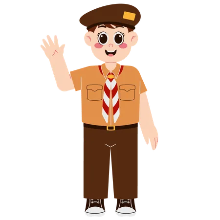 Joyeux garçon en chapeau de scout, agitant la main  Illustration