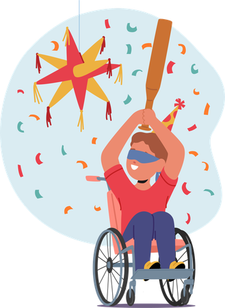 Happy Boy In Wheelchair Celebrating Birthday Party By Hitting Pinata  Illustration