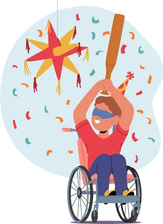 Happy Boy In Wheelchair Celebrating Birthday Party By Hitting Pinata  Illustration