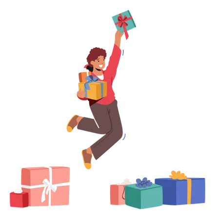 Happy Boy Jumping With Gift In Hands Illustration