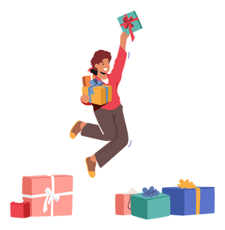 Happy Boy Jumping With Gift In Hands  Illustration