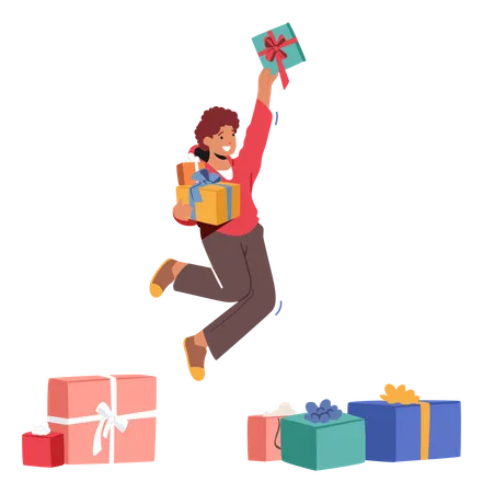 Happy Boy Jumping With Gift In Hands  Illustration