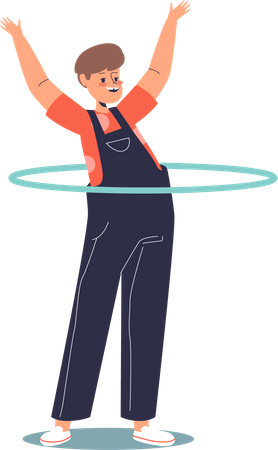 Happy boy play with hula hoop ring spinning on waist  Illustration