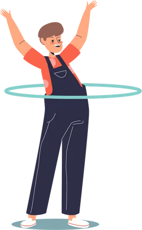 Happy boy play with hula hoop ring spinning on waist  Illustration