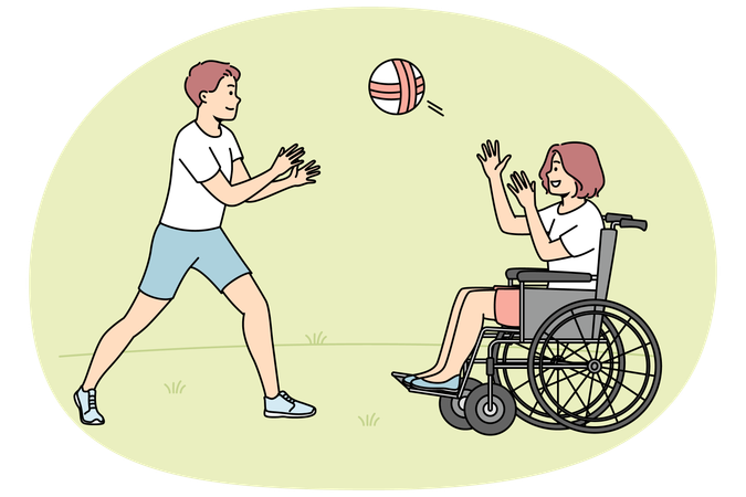 Happy boy playing ball with handicapped girl sitting in wheel chair  Illustration